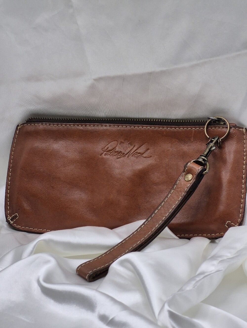 Patricia Nash Brown Leather Wristlet with Removable Strap.  10" X 6"